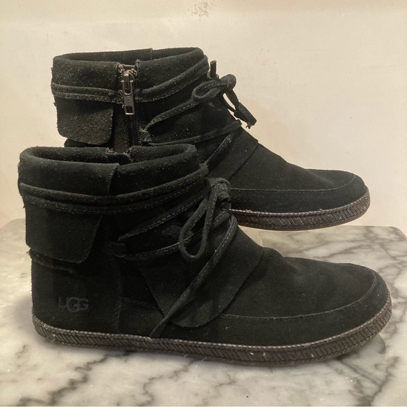 UGG Reid Black Suede Moccasin Booties Women's 8 Narrow Ankle Zip Up Boot - Picture 9 of 14